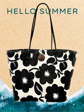 Sun & Sand Black & Cream Floral Beach Pool Vacation Shopping Tote Bag 15”x14”x6”
